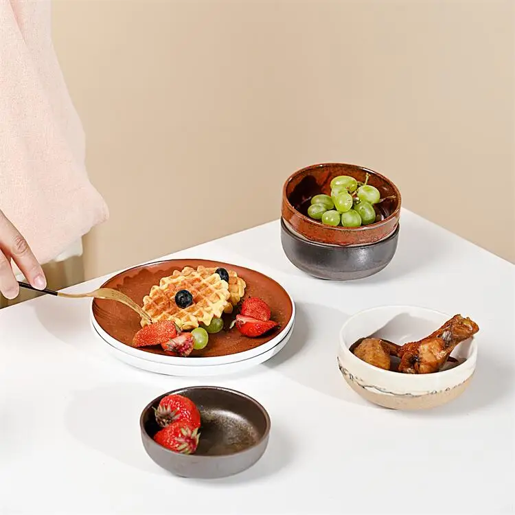 Custom OEM colorful reactive glaze retro rustic stoneware porcelain ceramic bowl