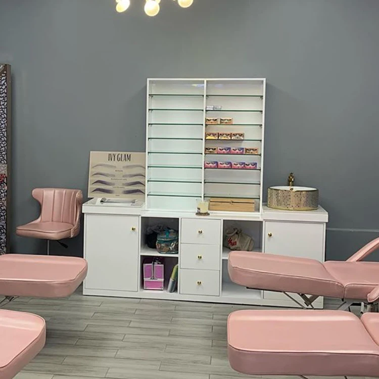 Gold double sink cabinet polish rack with glass shelf for beauty salon CB-NK013