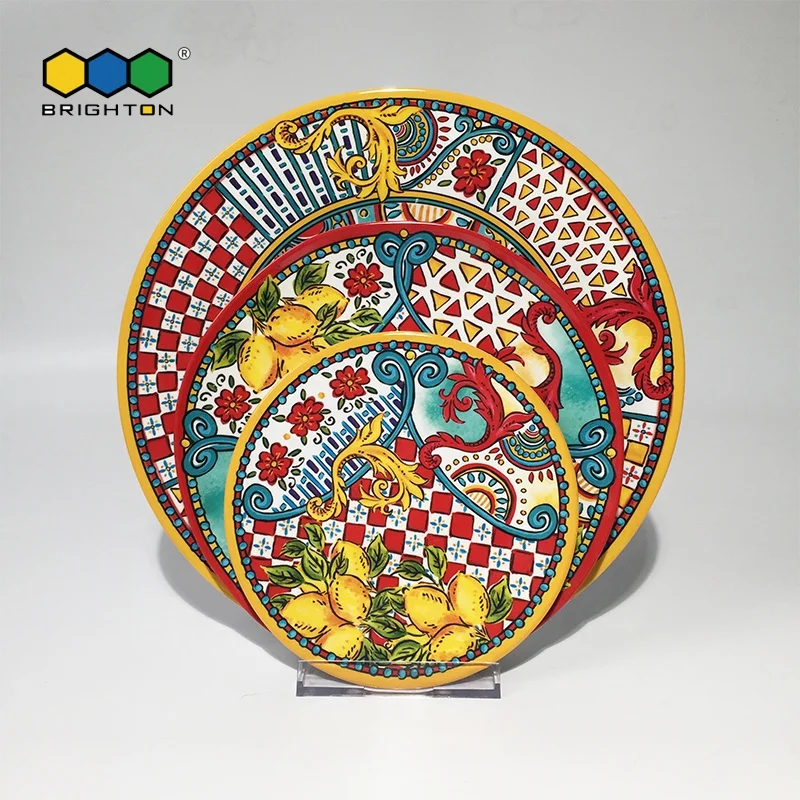 OEM White with decal round kitchen hammered 8.5 inch 11 inch 14 inch melamine plates and platters for restaurant