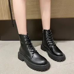 2022 Womens Combat Boots White PU Leather Motorcycle Boot Punk Gothic Shoes Fashion Lace Up Black Ankle Boots Female Shoes