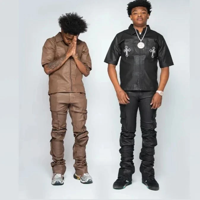 Custom Logo Leather Set Black Men Pockets Zip Up Overalls Mens 2 Piece Leather Set Shirt And Pants Set