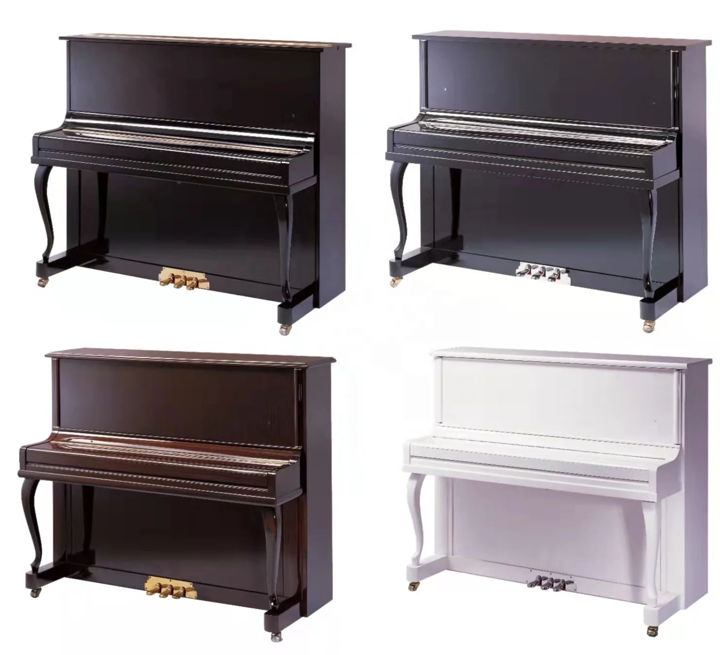 Деревянное вертикальное фортепиано с резными цилиндрическими ножками