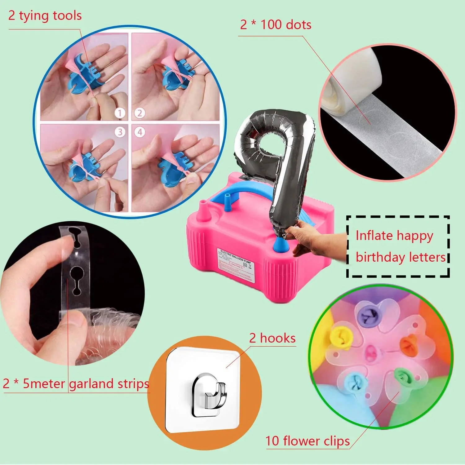 Balloon Pump Set Electric Air Balloon Blower,Balloon Inflator Dual Nozzles Balloon Arch Garland Kit with Tape Strip,Tying Tool