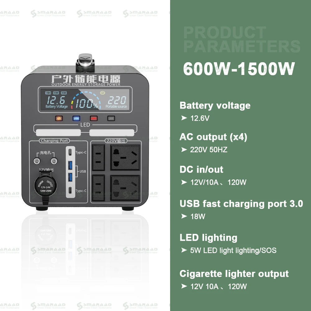 600W 900W 1200W 1500W 2000W Portable Energy Storage Battery For Camping Portable Power Supply  Outdoor