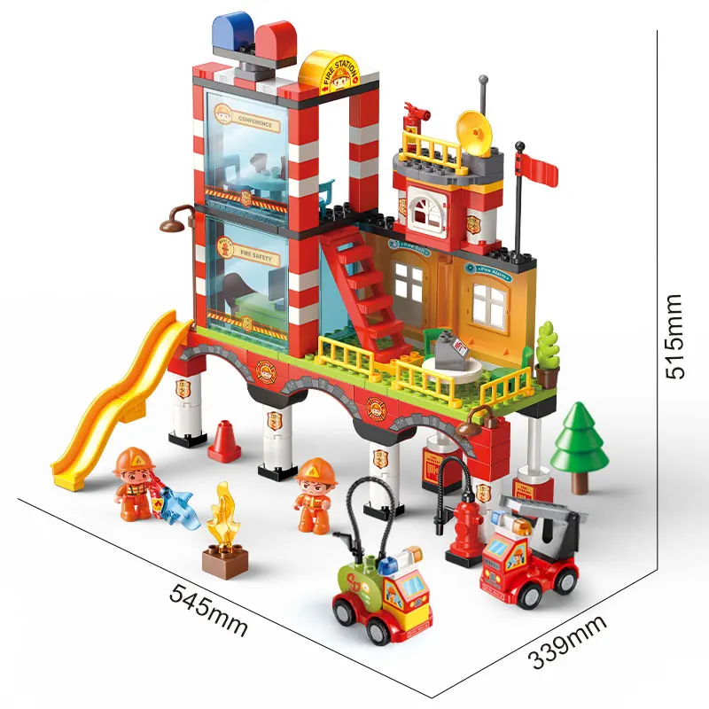 Feelo FL42002 173Pcs Fire Station Scene Classic Big Building Block Set for Children Play to Fireman Game Toy
