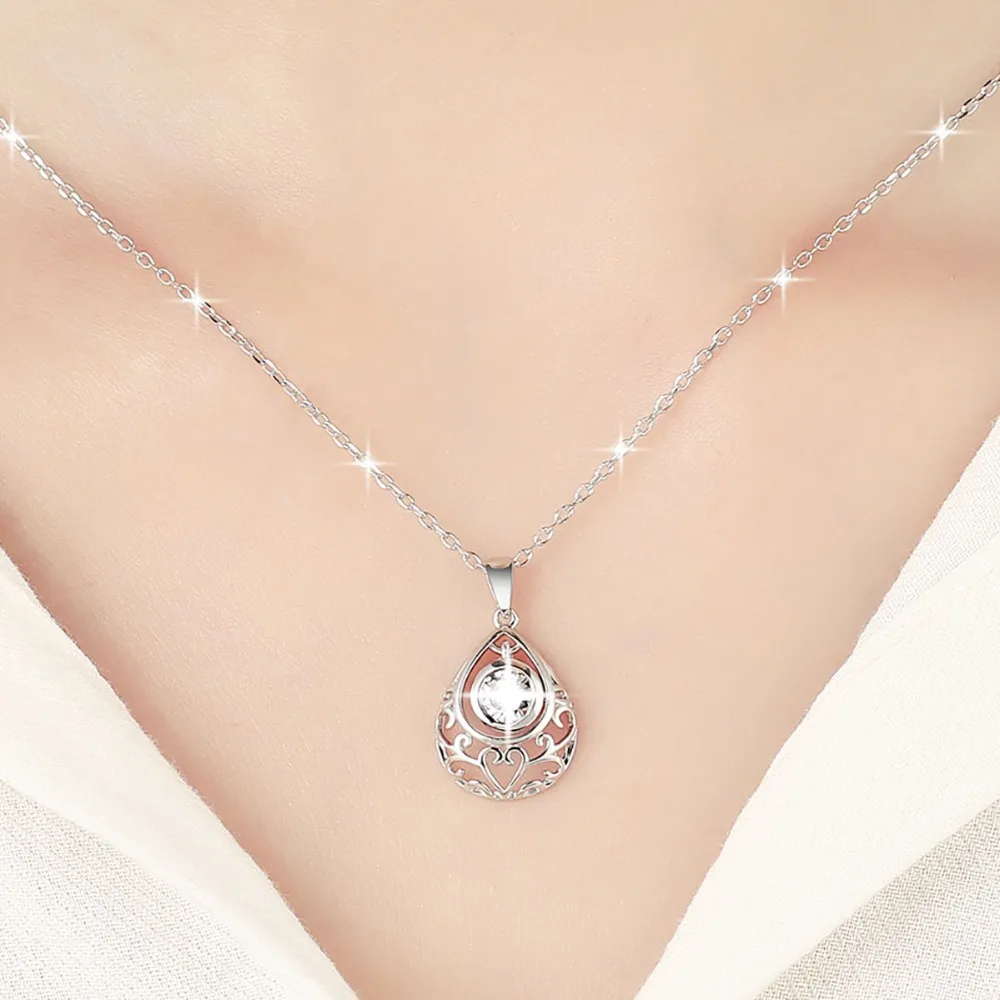 Water Drop Pendant Necklace for Women 925 Sterling Silver Rhinestone Crystal Pendant Skeleton Heart Girls Necklaces Jewel