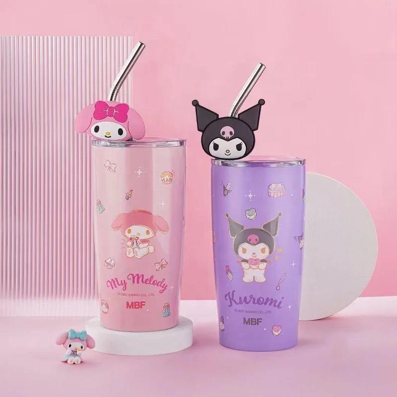 Stainless Steel cartoon Kuromi Thermos Cup Cute Sanrios straw Cup double layer vacuum Insulated tumbler Car Cup