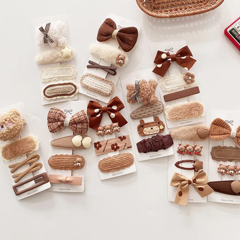 TC Stocks 4 pcs Set Korean Milk Tea Sweet Fabric Girls Bow Bobby Pins Children Side Clip Cute Girls Cartoon Hair Pin Hairgrips