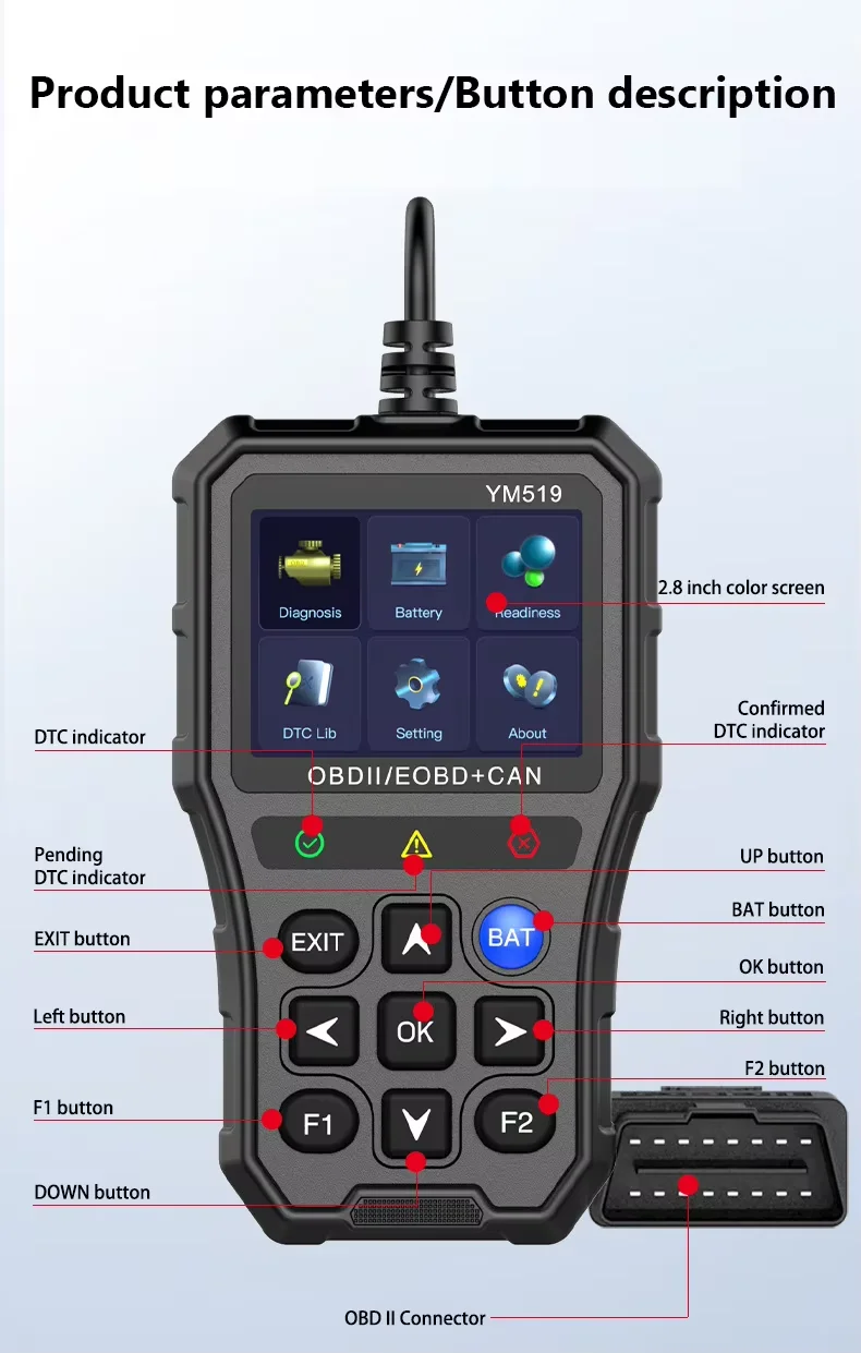 Hot selling Plastic YM519 2.8inch Car Diagnostic Tool YM519 Automotive OBDII Scanner Reads and Detects Car Fault Codes