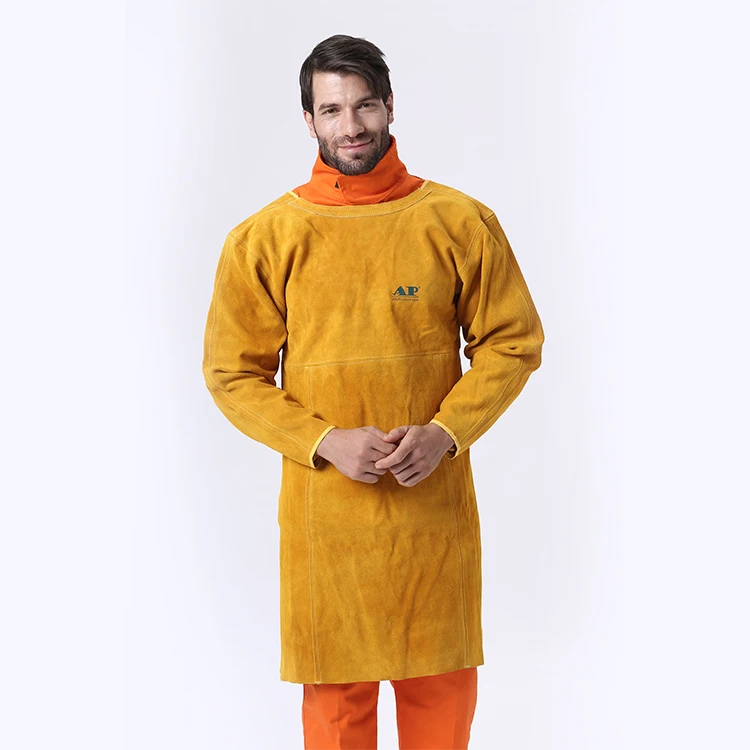 AP-6200 hot sale golden cowhide welding apron and fire resistant work apron in leather clothing for safety wear
