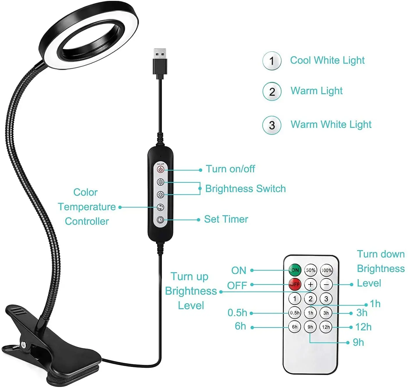 3 вида цветов теплый белый 120 мм лампа для чтения на шее с регулируемой яркостью Светодиодная Лампочка С