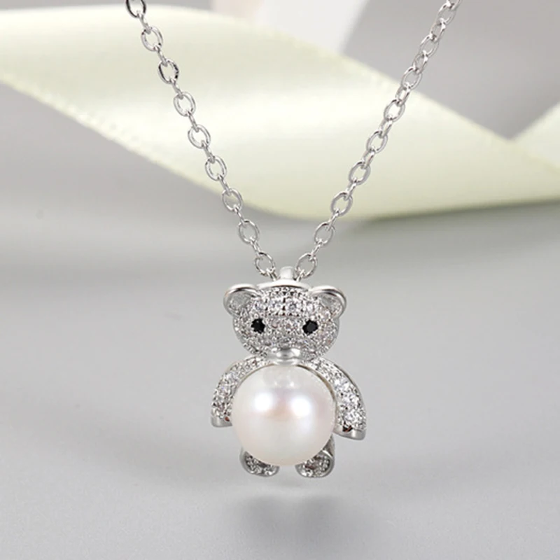Gold Color Lovely Bear Natural Pearl Jewelry Crystal Real Brass Pendant Necklace For Women