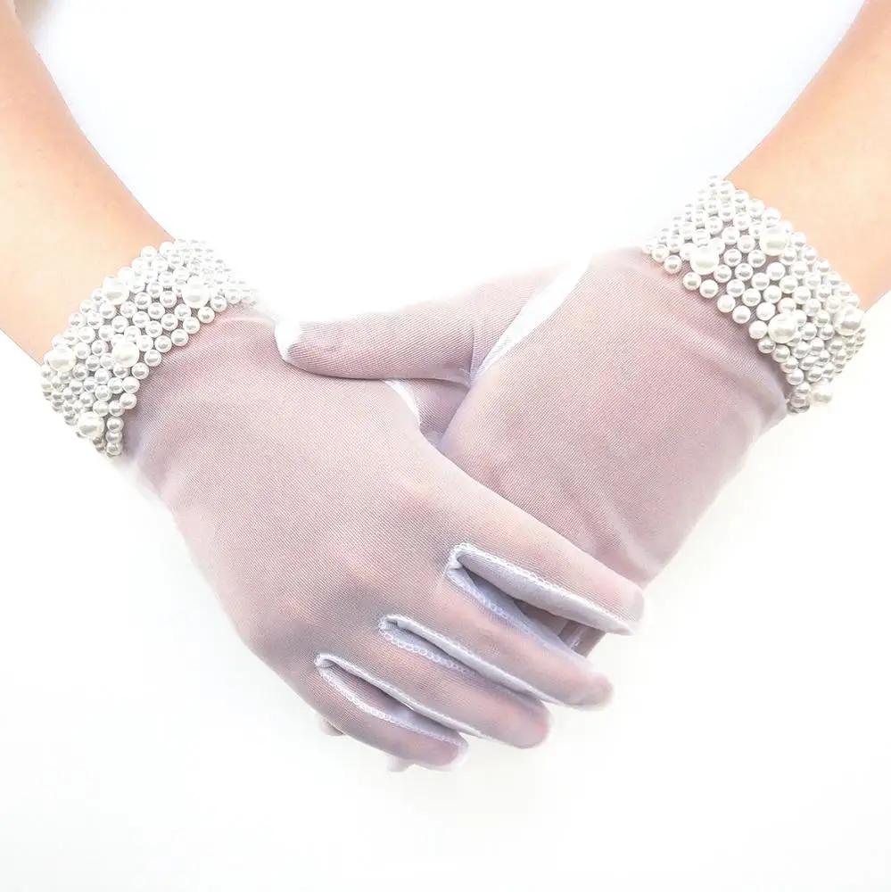 
New Bridal Gloves Wedding Dress Accessories Short Micro Elastic Transparent Mesh Beaded White Wedding Gloves 