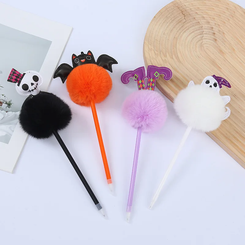 Custom Wholesale Halloween bat ghost creative funny cool fluffy furry ballpoint pen for kids play