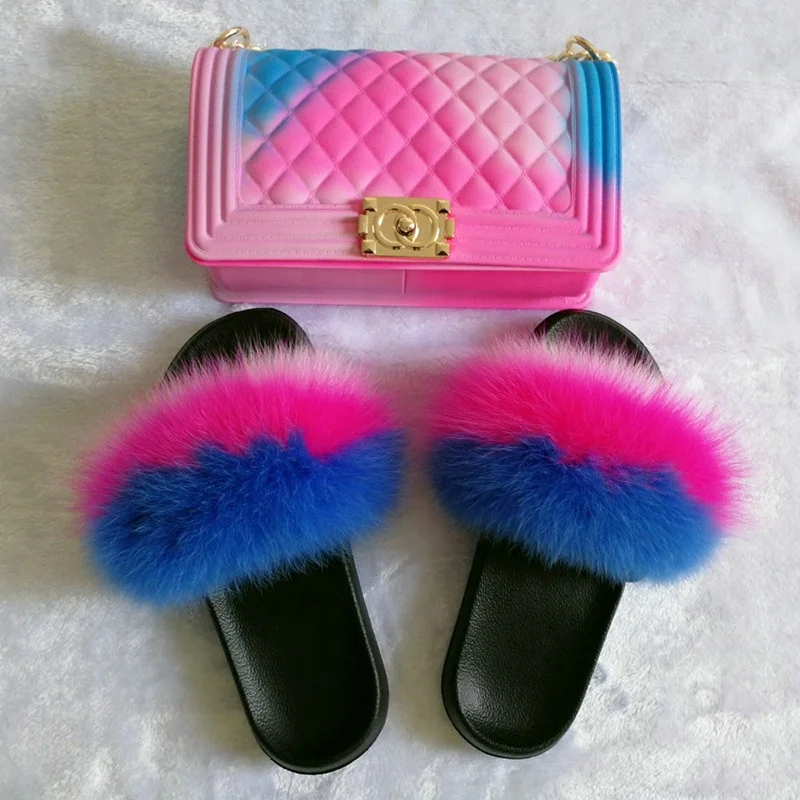 Wholesale Real Fur Slides And Matching Purse Set Rainbow Color Fox Fur Slides Slippers And Cross-body Jelly Bag Set