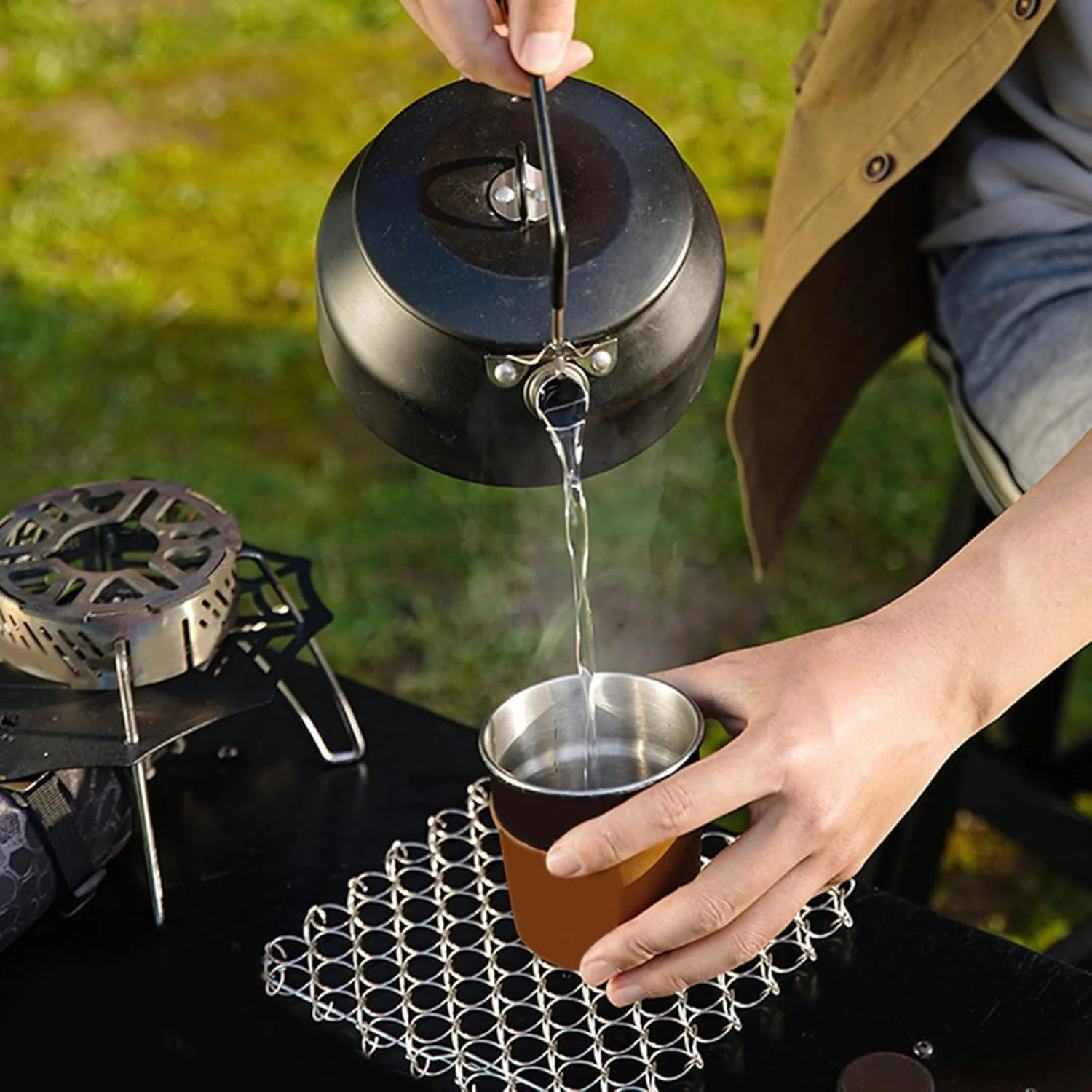 Heat Insulation Place Mat Nonslip Square Cup Pad Hollow Out Stainless Steel Coasters for Water Kettle & Camping Pots