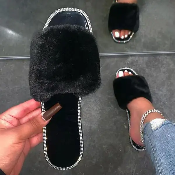New Arrivals 2021 Ladies Casual Fur Shoes Cute Bow Knot Women Plush Loafers Shoes Fluffy Furry Slip-on Sneakers Shoes