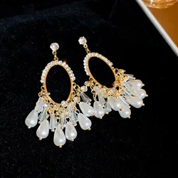 Rhinestone Oval Waterdrop Crystal Pearl Tassel Drop Earrings Retro Palace Style Earring Fashion Jewelry