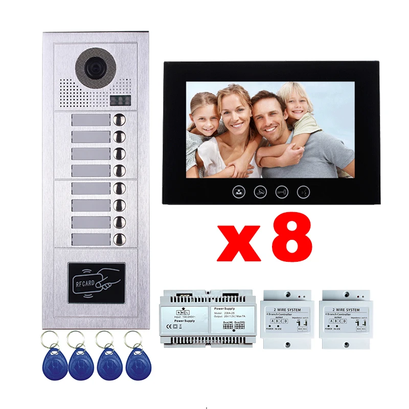 10' Video Door Phone Intercom System 8 Monitors+1 Doorbell Camera for 8 Apartment