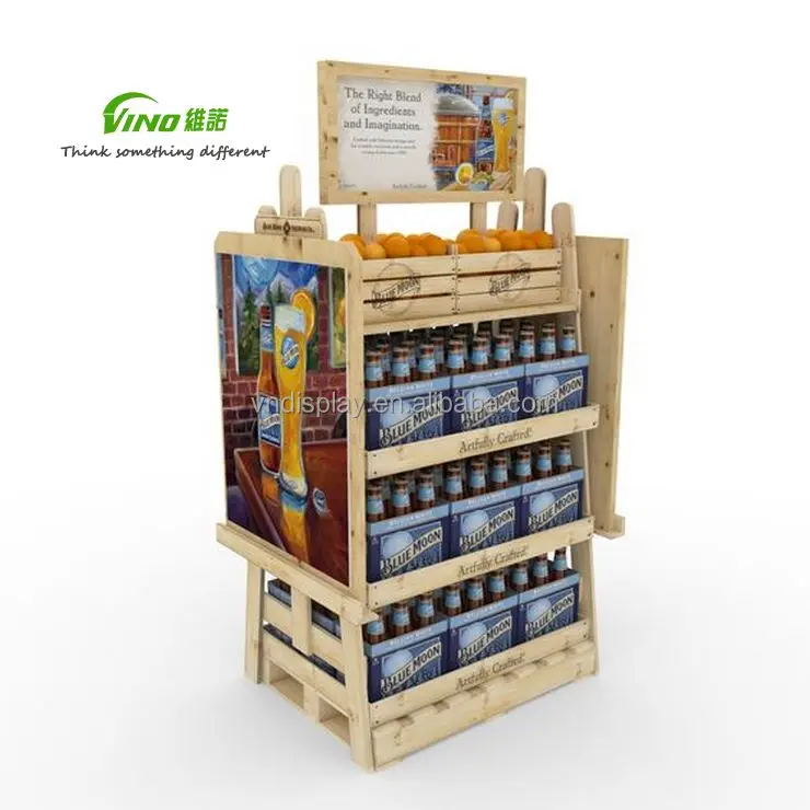 Wholesale OEM rustic shelf rack  portable wooden store merchant product island wood snack displays for farm shore