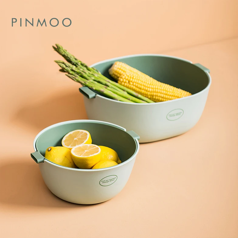 Pinmoo Design Kitchen Supplies Double Layer Vegetables Fruit Drain Storage Basket Washing Cleaning Tools