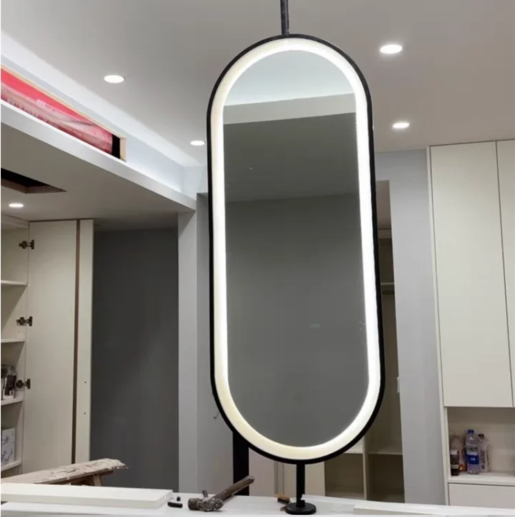 Fullkenlight round ceiling hanging led heated bathroom mirror touch screen led bath smart mirror for bathroom