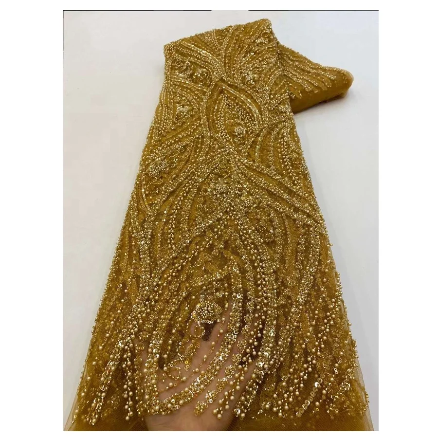 Nigerian Bridal Fabric Luxury Embroidery Beads Sequins Lace Pearls Beaded Lace Fabric For Women Wedding Dress