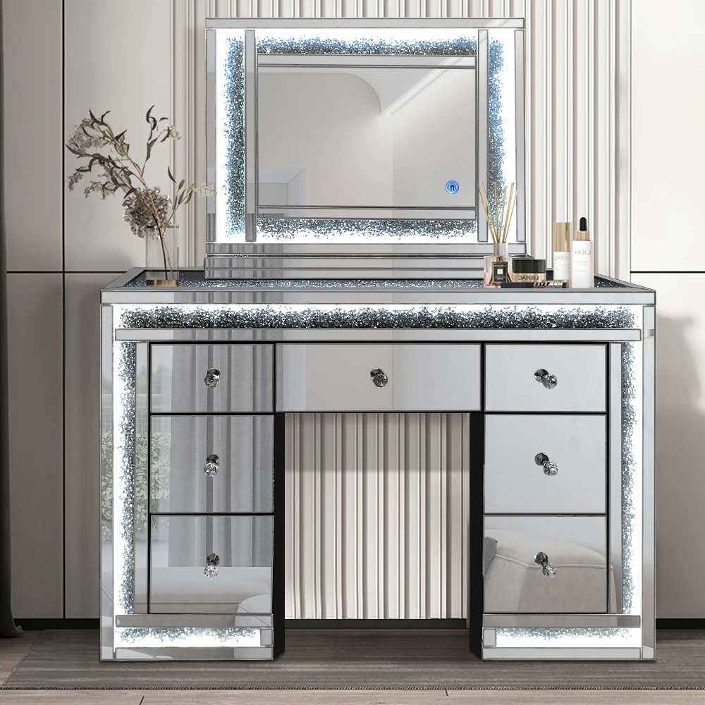 Top Seller Contemporary Crushed Diamond Mirrored Furniture Vanity Dresser Mirrored Dressing Table with Makeup Hollywood Mirror