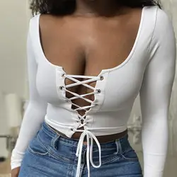 Новая модная Осенняя Дамская обувь сплошной цвет повязки сексуальное платье с длинным рукавом для женщин в рубчик кроп Топ Футболка