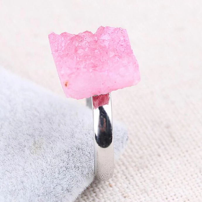 Fashion Accessories Jewelry Open square Crystal Natural Stone Druzy Ring Adjustable Gemstone Rings