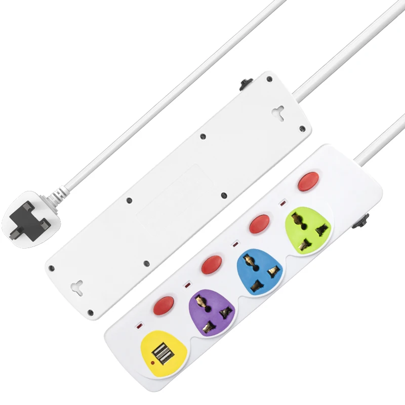 High Quality extension cord socket with USB colorful board 4way outlet Child  protection electrical power strip