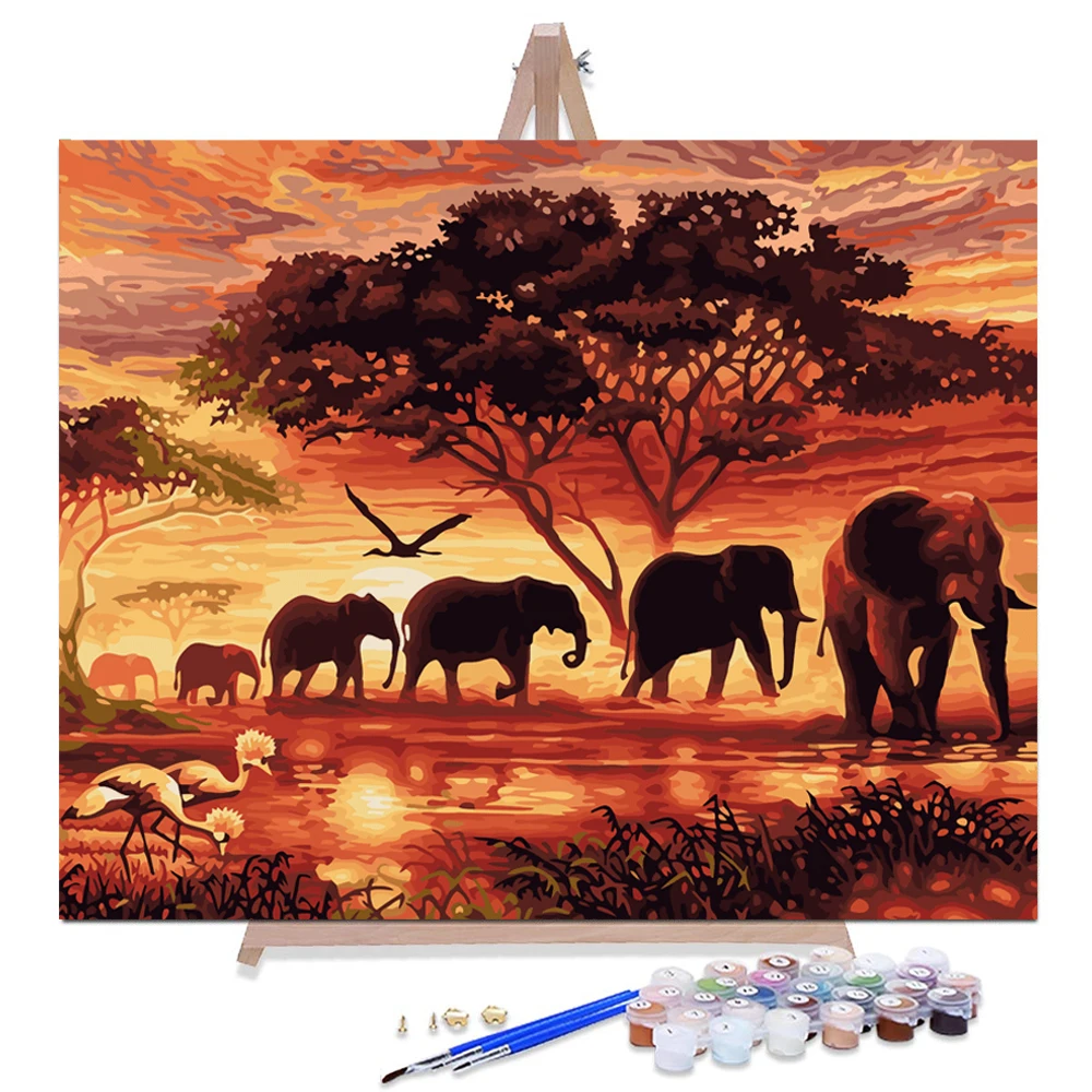 
Africa Nature Scenery Sunset Landscape Picture Prints Elephant Silhouette Canvas Artwork Oil Painting by Numbers 