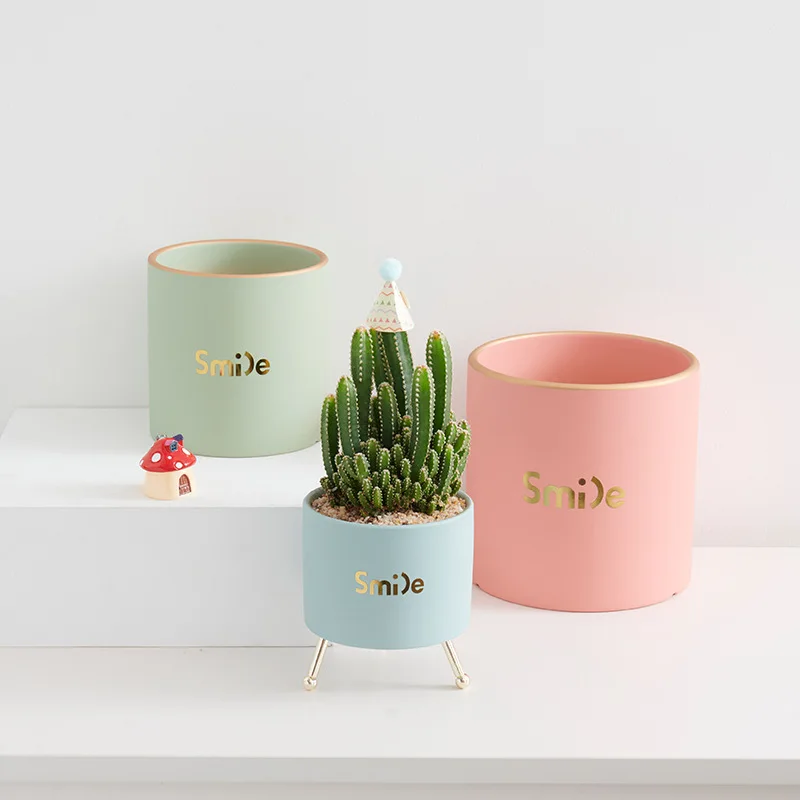 Desktop Ornaments Decor Garden Flower Pots & Planters Ceramic Flower Planter Pot with gold Saucers