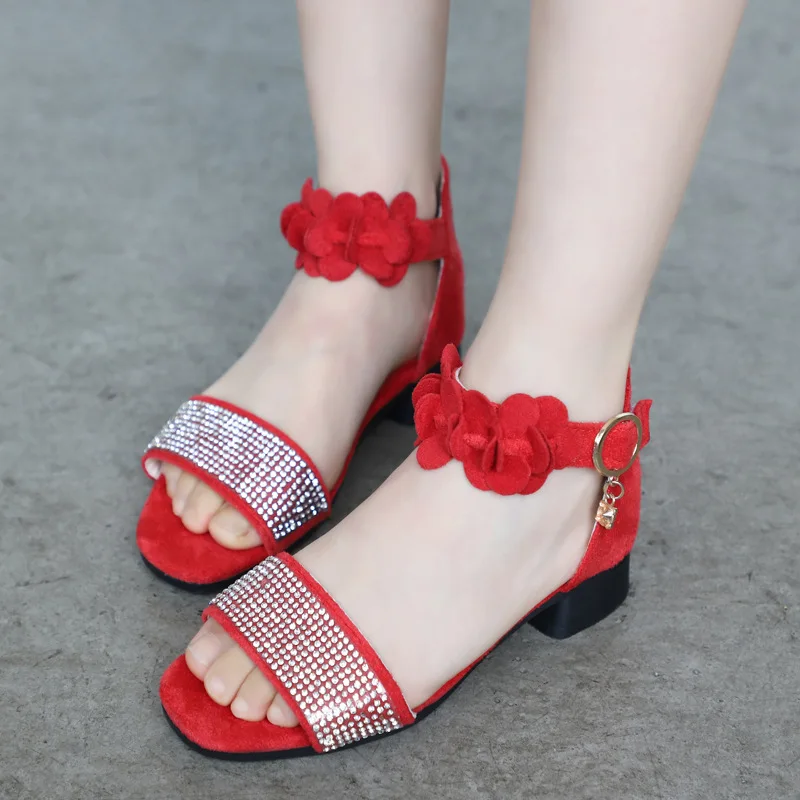 
ankle-wrap red diamond flower big kids fashion princess open-toe low chunky cover heel summer girl footwear suede sandals shoes 