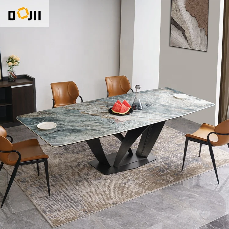Philippines Modern Dinner Room Furniture Long/Round Ceramic Marble Top Metal Base Dine Table and Dine Chair Set