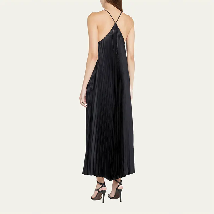 hot selling v neck sleeveless ankle length dress ladies all over pleated silk gown maxidress with strap