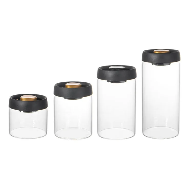 High Borosilicate Round Glass Storage Jars Coffee Beans Sealing Canister with Press Vacuum Sealed Black Lid