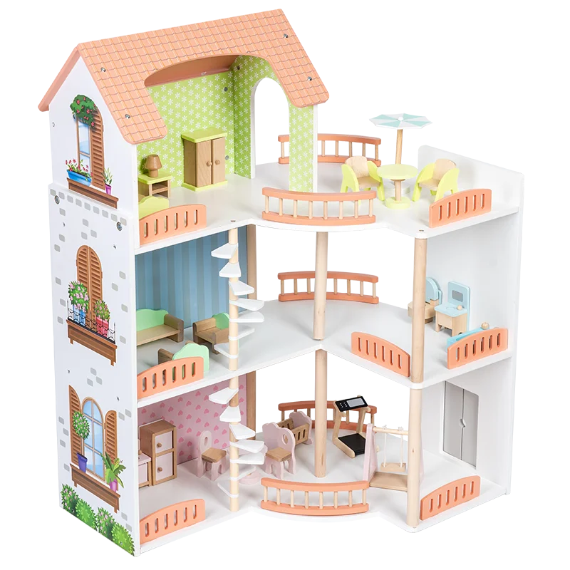 Deluxe Wooden Three-Story Villa Doll House with Miniature Furniture, Great Pretend Role Play Toys for Kids