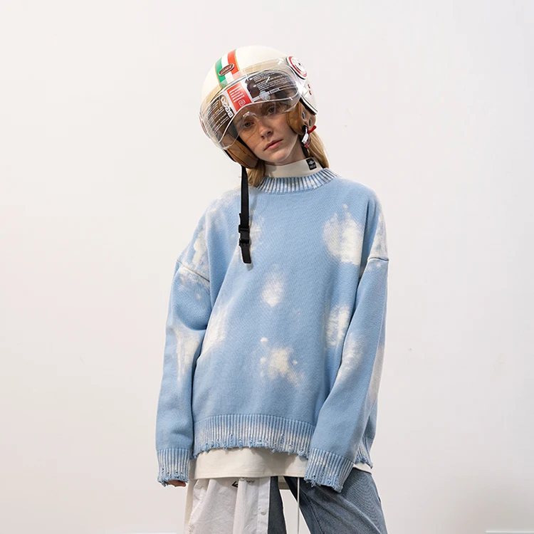 Casual Spring Cloud Print Blue Woman Dress Sweatshirt Korean Cotton Plus Size Tie Dye Distressed Shaggy Jumper Sweater Women