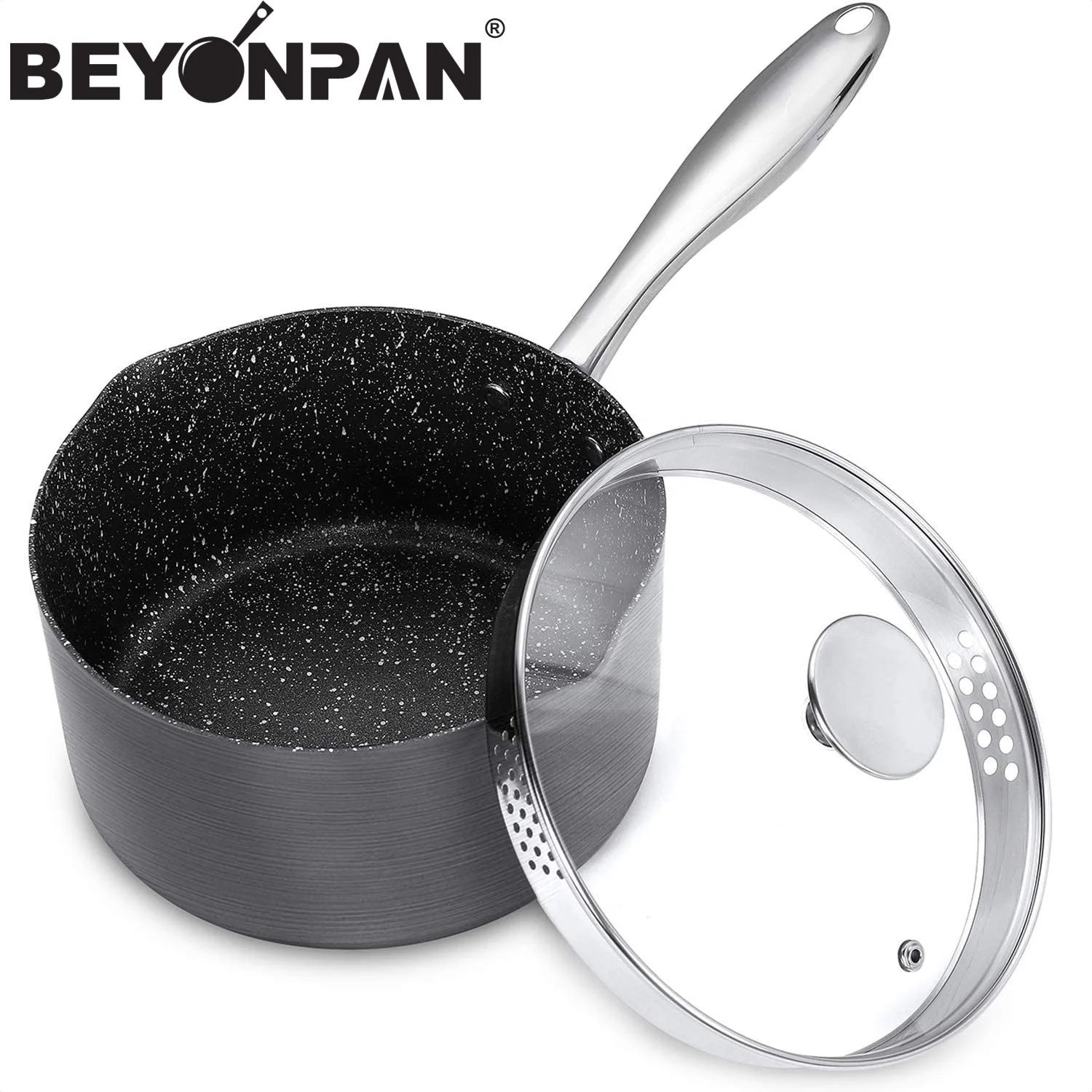 
3 Quart Saucepan with Lid, Hard Anodized Sauce Pan with Straining Lid & Pour Spouts for Easy Pour, Small Granite Sauce Pan 