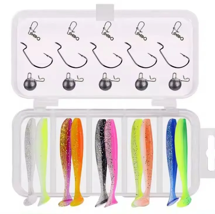 FISH Soft T fishing lure set 25 pieces silicone lure with lead system hook head, eccentric hook, worm, carp fishing tackle set