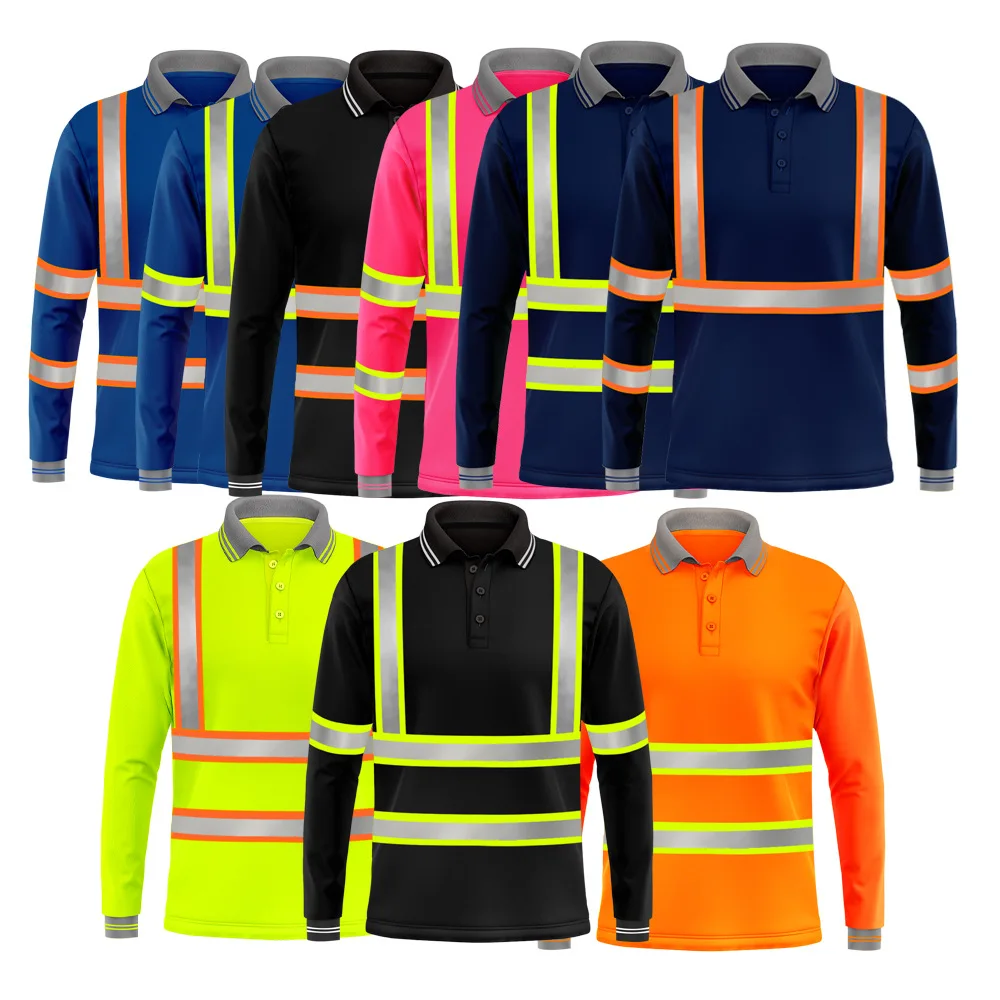 HBC Reflective Stripes Hi Vis Workwear Construction Hi Vis Safety Work T Shirt Long Sleeve Reflective High Visibility Shirt