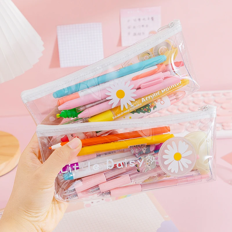 Clear daisy printing pencil case eco-friendly zipper custom print transparent pvc pencil case