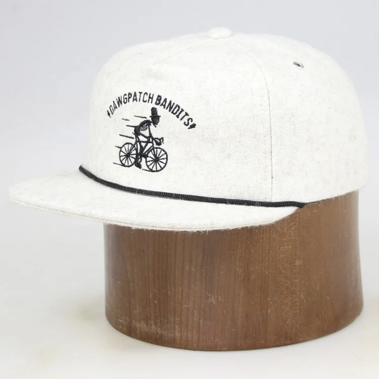 5 panel flat brim black string leather strap custom embroidery wool hat men