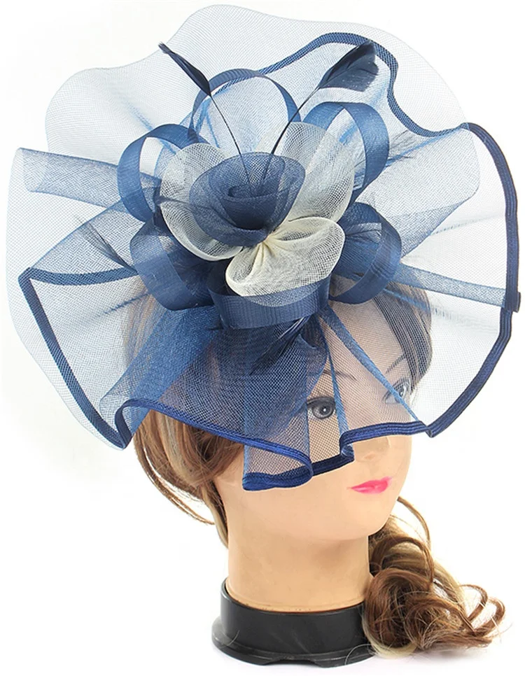 Повязка для волос sinamay женская с перьями, вечерний аксессуар для волос, крупная темно-синяя Вуалетка ручной работы, головной убор