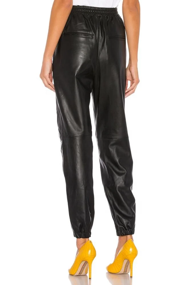 Custom made women & ladies black pu leather or genuine leather jogger pants dongguan manufacturer