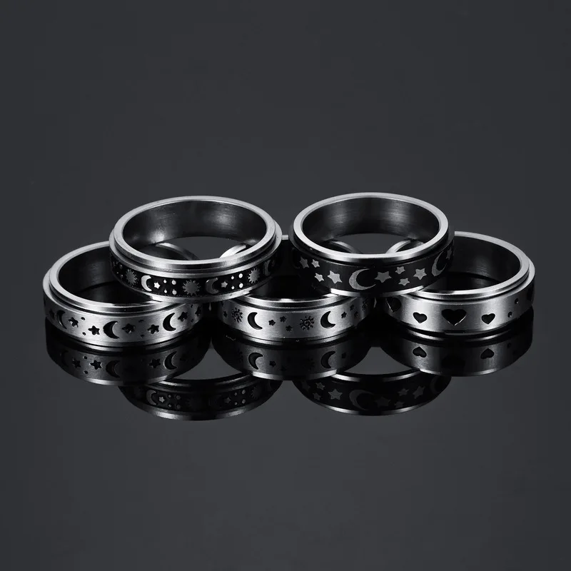 Vintage Rotating Spinning Anxiety Fidget Men Ring Jewelry Moon Star Silver Black Stainless Steel Spinner Anti Anxiety Ring