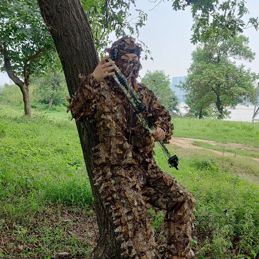 New Mens Lightweight 3D Leaf Hooded Camouflage Ghillie Suit Breathable Hunting Suit for Jungle Hunting Shooting