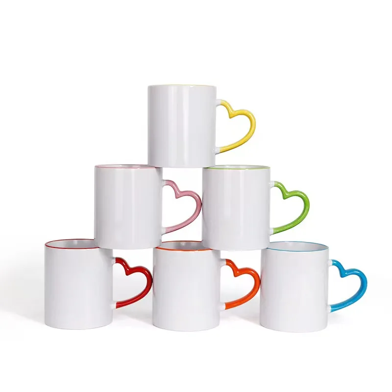 11oz Sublimation heart shaped handle colorful Bone China ceramic cup customization logo printing mugs