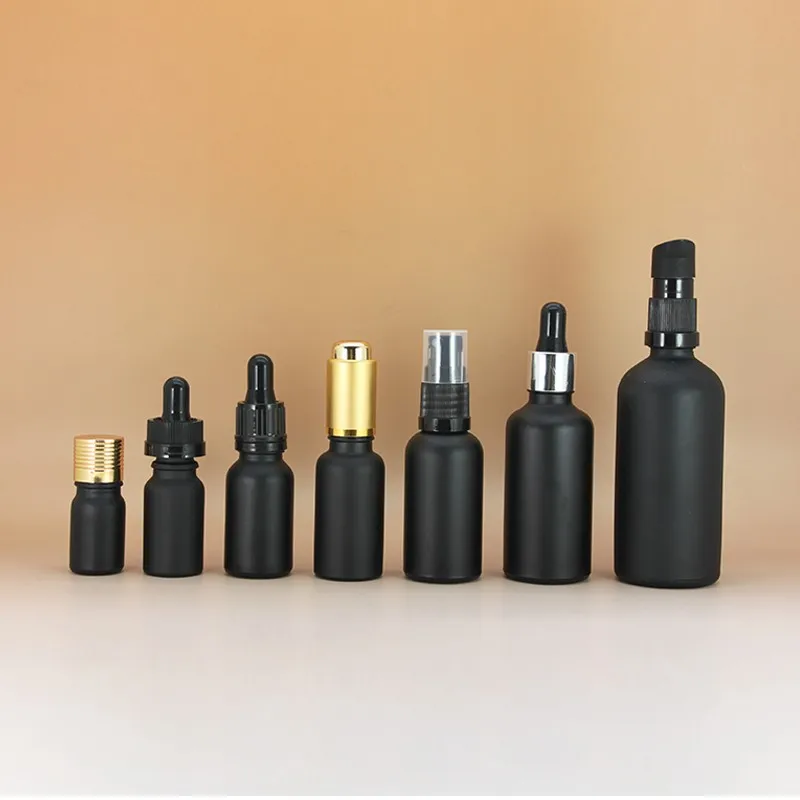Hot 5ml 10ml 15ml 20ml 30ml 50ml 60ml 100ml essential oil bottle matte black frosted glass bamboo dropper bottle with bamboo cap
